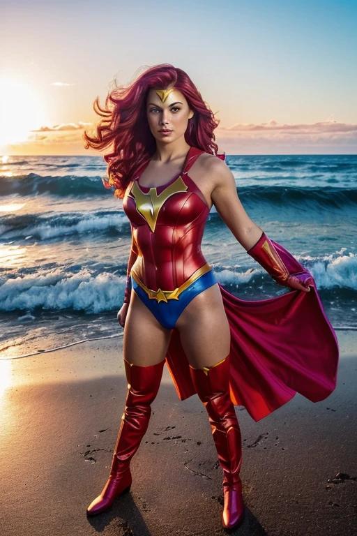 Medium Shot, vibrant, (Scarlett Emerson in a colorful superheroine outfit, heroic pose), golden hour lighting, (standing on a beach, ocean waves crashing), (50mm lens, Sony A7III, vivid details, professional, action photography, trending on Instagram), by David LaChapelle and Alex Prager and Annie Leibovitz