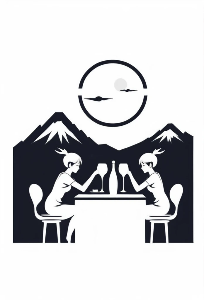 Mountains in Japan々Located deep in the mountains、A logo for a stylish dining bar. Two little fairies drinking at the bar. A cool design with depth and naturalness. Chic and modern design. Monotone background, pure white.