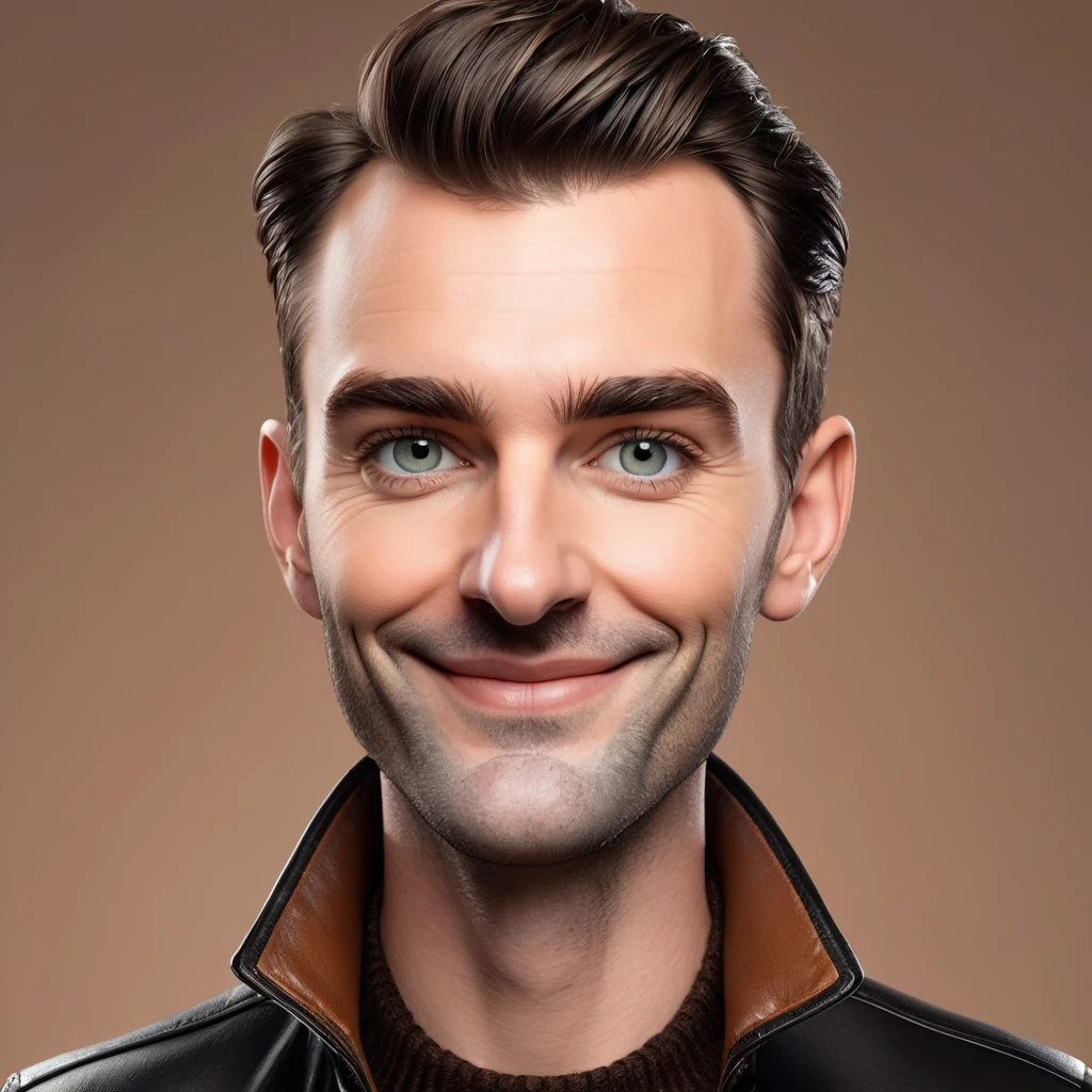 Une caricature réaliste en 3D de style dessin animé représentant un homme au visage rond, une mâchoire carrée, épais sourcils noirs, yeux verts, un nez petit et légèrement pointu, et des lèvres fines avec une bouche légèrement ouverte. Il porte une veste en cuir marron, un col roulé noir. L'homme est debout, les mains derrière le dos, avec une expression neutre et un léger sourire. l'arrière-plan est en ville sous la neige, arrière plan assez flou, indiquant un réglage de nuit avec des lumières bokeh. faire un corps plein