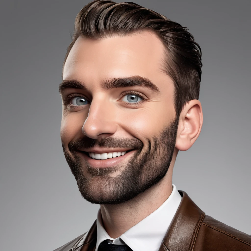 Une caricature réaliste en 3D de style dessin animé représentant un homme au visage rond, une mâchoire carrée, épais sourcils noirs, yeux verts, un nez petit et légèrement pointu, et des lèvres fines avec une bouche légèrement ouverte. Il porte une veste en cuir marron, un col roulé noir. L'homme est debout, les mains derrière le dos, avec une expression neutre et un léger sourire. l'arrière-plan est en ville sous la neige, arrière plan assez flou, indiquant un réglage de nuit avec des lumières bokeh. faire un corps plein