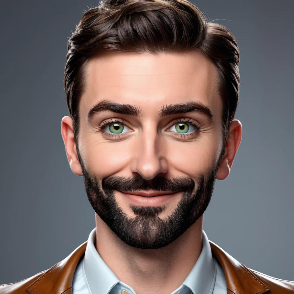 Une caricature réaliste en 3D de style dessin animé représentant un homme au visage rond, une mâchoire carrée, épais sourcils noirs, yeux verts, un nez petit et légèrement pointu, et des lèvres fines avec une bouche légèrement ouverte. Il porte une veste en cuir marron, un col roulé noir. L'homme est debout, les mains derrière le dos, avec une expression neutre et un léger sourire. l'arrière-plan est en ville sous la neige, arrière plan assez flou, indiquant un réglage de nuit avec des lumières bokeh. faire un corps plein