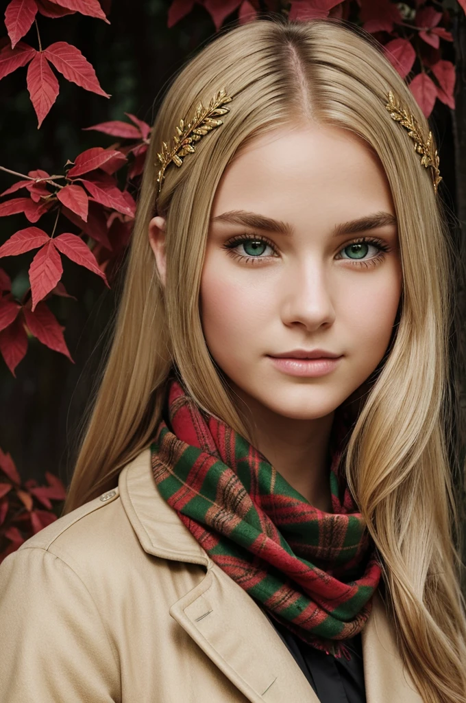 Draw a realistic version of Bianca, a 17-year-old young woman with straight, medium-length blonde hair and a fringe covering her forehead. She has a golden leaf hair accessory on the right side of her hair. Bianca has large green eyes with a curious and gentle expression. Her face is pale with delicate features, including a small nose and thin lips. She is wearing a red plaid scarf and a green coat with a faux fur lining on the collar. Underneath, she appears to be wearing a black shirt. The background should be pink with a delicate pattern of leaves and branches surrounding the character.