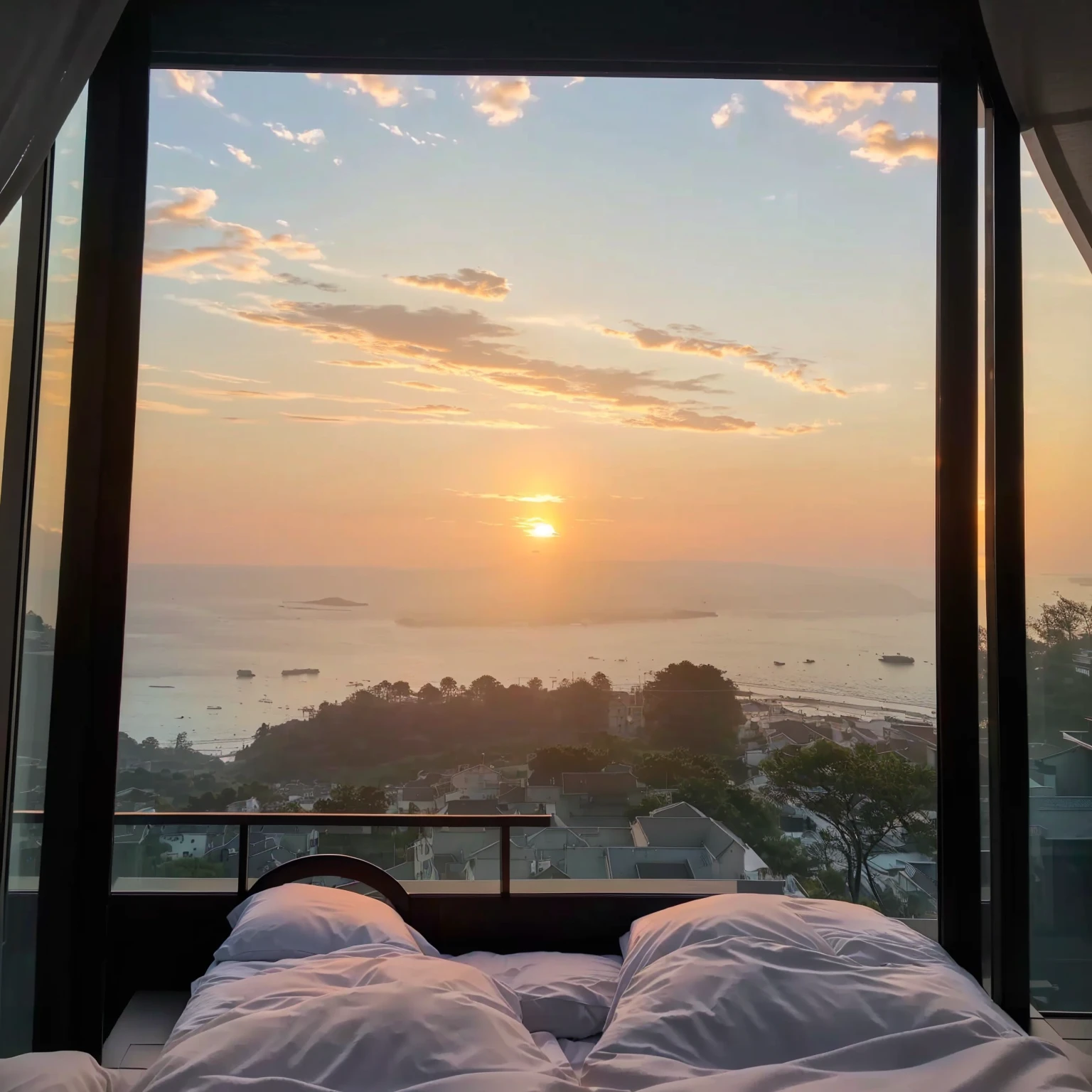 Enjoy the sunset from your bedroom with balcony, 日落Beautiful view, beautiful scenery, Relaxation time. beautiful landscape, Sunrise in the morning, At sunrise, early morning sunrise, beautiful scenery, Prime hour in the morning, Morning atmosphere, Beautiful sunrise, Beautiful view, Beautiful morning, early morning, Epic views, At Dawn, Morning Light, Sunrise adds color to the room