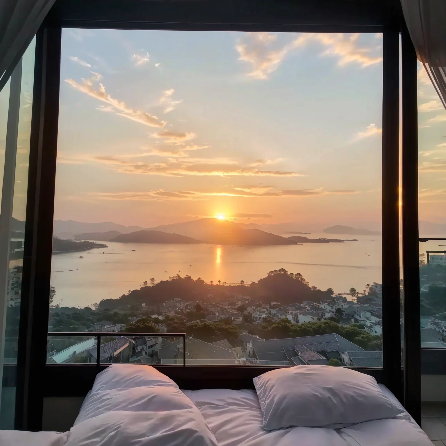 Enjoy the sunset from your bedroom with balcony, 日落Beautiful view, beautiful scenery, Relaxation time. beautiful landscape, Sunrise in the morning, At sunrise, early morning sunrise, beautiful scenery, Prime hour in the morning, Morning atmosphere, Beautiful sunrise, Beautiful view, Beautiful morning, early morning, Epic views, At Dawn, Morning Light, Sunrise adds color to the room