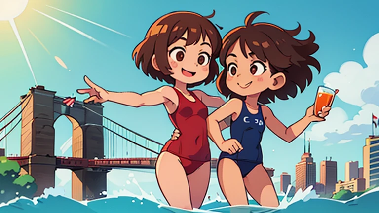 medium hair, straight hair, 2girls, solo, smile, swimming, sun, blue sky, Swimsuit, One-piece Swimsuit, new york, river, chrysler building, brooklyn bridge, older girl, Younger girl, brown hair, brown eyes, short hair, CmptSwm
