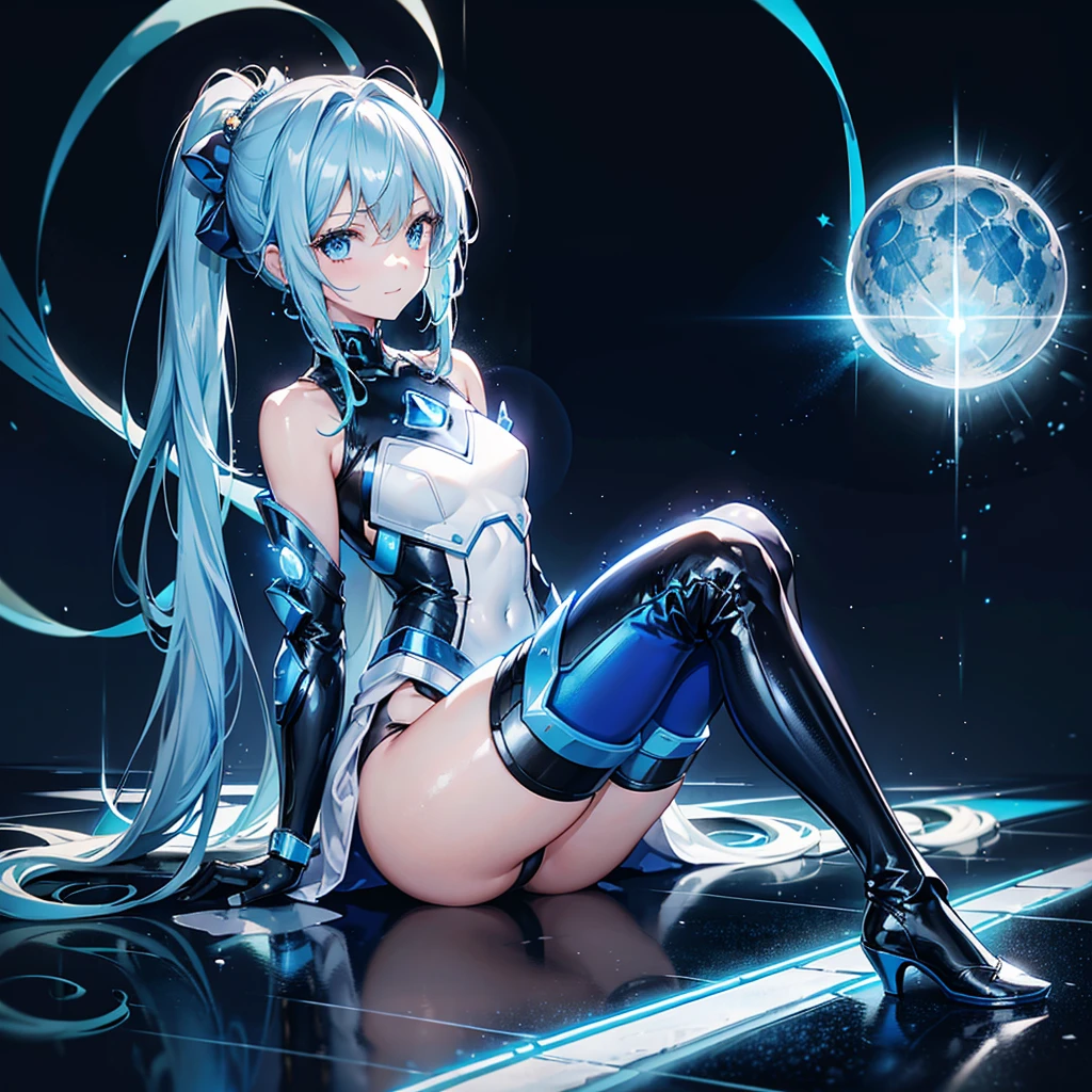 8K, Highest quality, (real:1.4), Original photo, 1 girl, Asari Hair, Biological Amplifier, Very sleek and futuristic armor, posture: Peace talks between warring factions,,attention arousal, smart blue eyes,A modest smile,Knee-high boots,Patent-look blue tights,Blue big moon and blue light swirl in the background,Blue light from behind,blue light magic,A small, glowing blue ball in the palm of your hand,Blue flame swirl,Blue Comet,Polished floor,