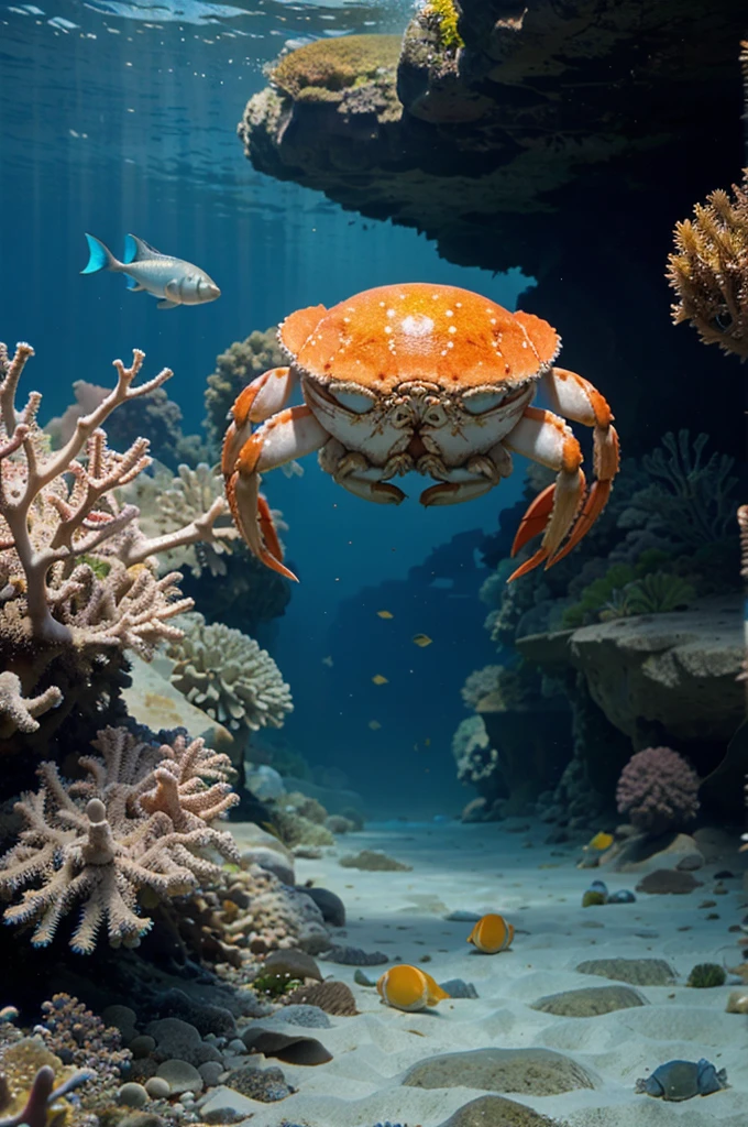Beautiful crab who have tail in the blue water among coral and cute fish
