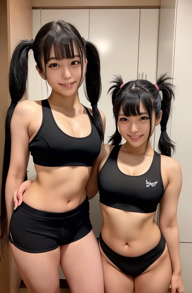 (vulgar),Just the right kind of 18-year-old japanese、black Hair Color,seductive grin smug,close mouth,twin tail,sports bra,