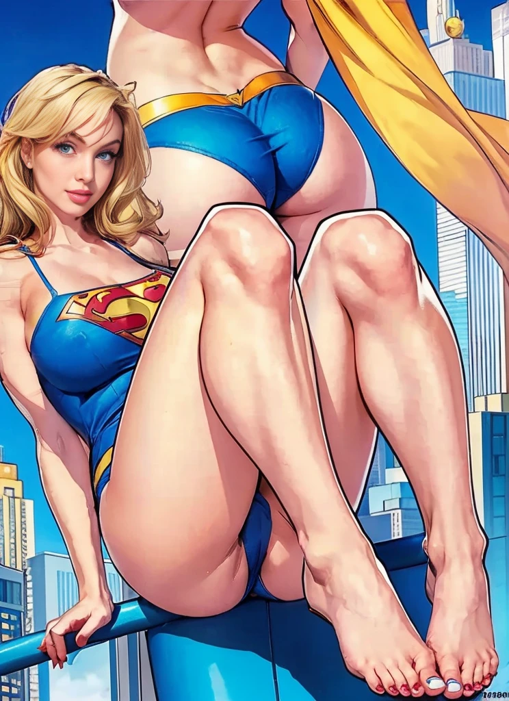two legs,Beautiful woman legs,close up,foot,Five toes,a girl, supergirl, Young Marilyn Monroe as supergirl, Red "s" logo, Blue camisole,A close up shot of a pair of beautiful feet,Five toes,In the background is the top of a New York skyscraper,Fly in the sky,supergirl very sexy,huge breasts, Huge ass, big legs,,Camel toe ,a girl, supergirl, top views, Young Marilyn Monroe as supergirl, blond,Long hair,blue eyes,Beautiful eyes,smile,Expression,Lively expressions,Detailed facial description,Rich in details,Blue tight camisole,Red s logo on chest, huge breasts, The areola is clear,The nipples are huge,,Nipple convexity, Nipple bulges,Huge ass, Camel toe clear,big legs, plump body,Red triangle thong,High heel boots。Top of a skyscraper,Fly in the air,Rich in details
