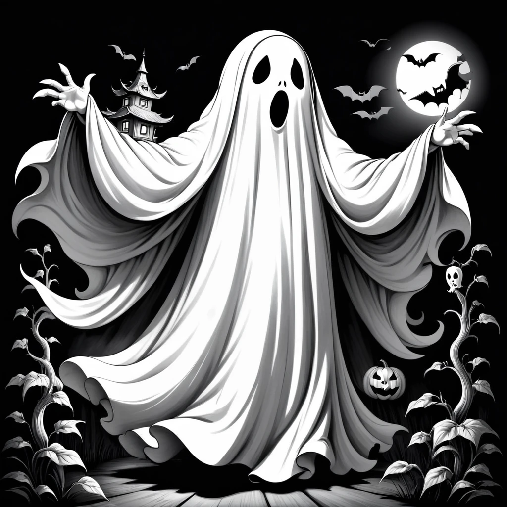 desenho de linha de halloween ghost, On white background, monochrome, black andwhite, no shadows, white background