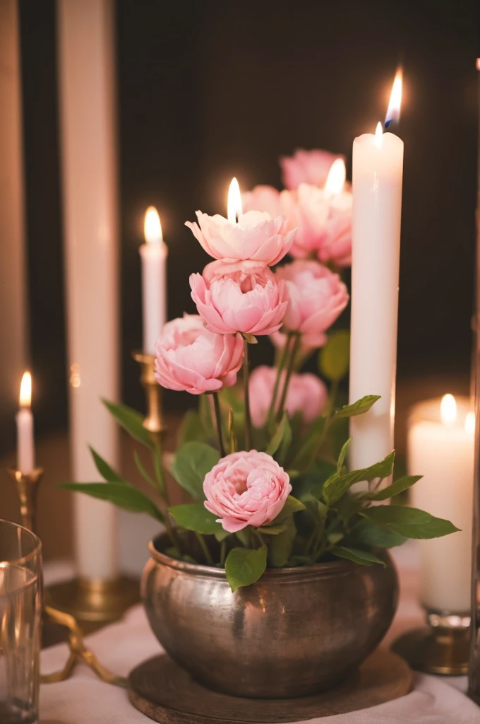 pink candle Pale pink flowers in the background Blur