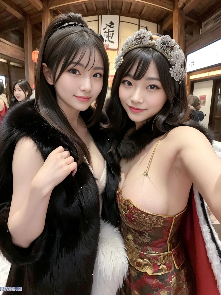 fur。((Chinese gorgeous and antique))(smile)(((Pair of women、snow、night)))。ancient China。Arms outstretched、Armpits。furのコートを着た女性たちの写真。Brown fur cape。Black fur coat。Fisheye Lenultiple women。Black leather bondage