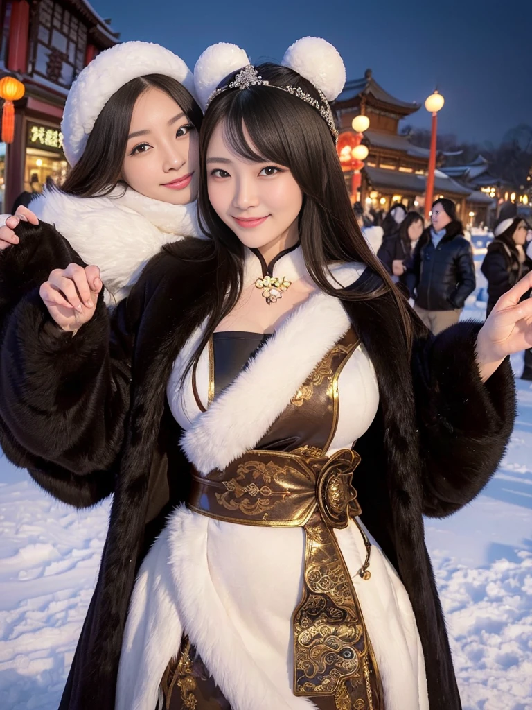 fur。((Chinese gorgeous and antique))(smile)(((Pair of women、snow、night)))。ancient China。Arms outstretched、Armpits。furのコートを着た女性たちの写真。Brown fur cape。Black fur coat。Fisheye Lenultiple women。Black leather bondage
