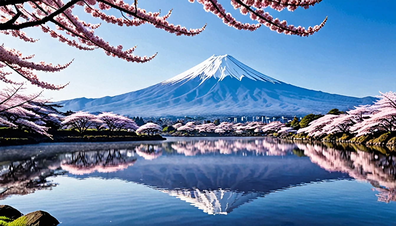 As an unparalleled genius of contemporary art, I、Iたちは、I envision a breathtaking painting that captures that essence..。 "reflection" In the quiet beauty of Fuji Mountain Five Lakes. Imagine: これらのnatureのままの湖の一つの静かな岸辺, Majestic mountain silhouette. Fuji Mountain rising on the horizon. Iのプロンプトは、We are looking for ultra-realistic illustrations that depict the fantastical scenery of cherry blossoms in full bloom..。, The delicate petals were beautifully reflected on the calm lake surface.., Towering against the backdrop of iconic Mt.. Fuji Mountain. Each flower is carefully crafted, The viewer is drawn into this idyllic landscape..、Evokes a sense of wonder and serenity。. With precise brush strokes and digital magic, 日本のnature美の時代を超越した魅力を凝縮した傑作を作ります, inviting viewers to immerse themselves in the harmonious interplay of reflection, nature, and culture.