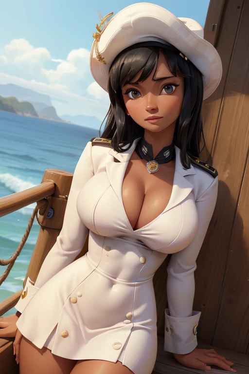 (masterpiece), best quality, expressive eyes, perfect face, front lighting, (outside at sea onboard a Marine Battleship background), (posing), (seductive look), (cleavage view), (1girl, Nico Robin, milf, latina, dark skin, short black hair with bangs, straight flat hairstyle, brown eyes, hourglass figure, thick body, curvy body, large breasts, huge breasts, oppai, large cleavage, wide hips, thick thighs), (white outfit, white button suit jacket dress, croptop, long sleeve, exposed breasts, white skirt, shoulder pads with tassles, marine badges, marine ribbons and medals pinned on clothes, marine captain hat), 