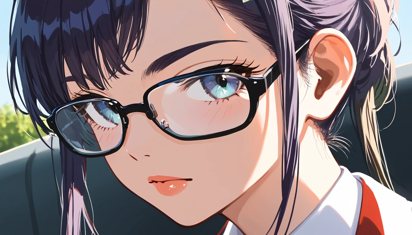 score_9, score_8_up, score_7_up, source_photo, anime screencap, detailed, close up, rating safe, renault megane, driver is wearing glasses, looking at viewer, masterpiece, best quality, 8k,