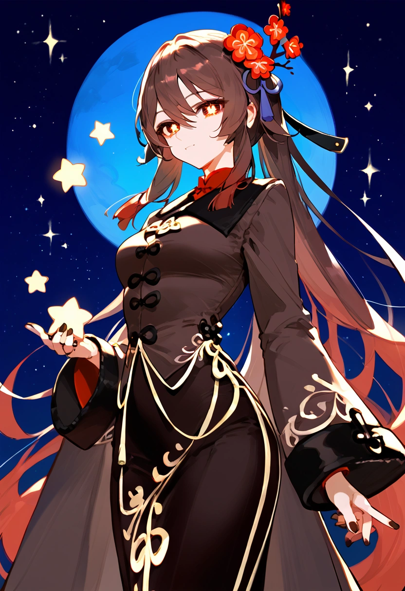anime artwork, score_9, score_8_up, score_7_up, score_6_up, score_5_up, score_4_up, hu tao, she is 24 years old, style_3, cosmos background, , , , , _,solo, holding star,