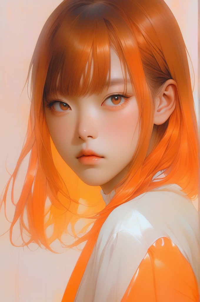 (realistic:1.1),ghibli ,anime ,(childen girl ,1girl ),,lip, Laplap,Fiberglass, fluorescent orange gradient background, Rust hair,Blunt bangs hair, Asian ,, (masterpiece,best quality,niji style)