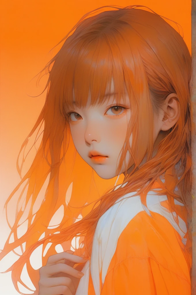 (realistic:1.1),ghibli ,anime ,(childen girl ,1girl ),,lip, Laplap,Fiberglass, fluorescent orange gradient background, Rust hair,Blunt bangs hair, Asian ,, (masterpiece,best quality,niji style)