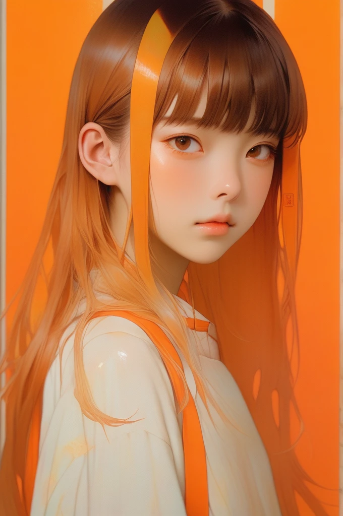 (realistic:1.1),ghibli ,anime ,(childen girl ,1girl ),,lip, Laplap,Fiberglass, fluorescent orange gradient background, Rust hair,Blunt bangs hair, Asian ,, (masterpiece,best quality,niji style)