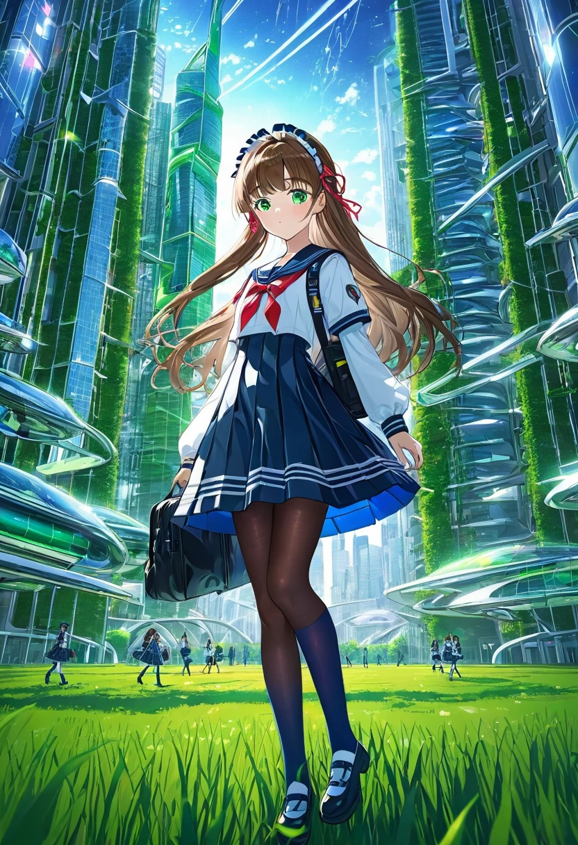 (Best quality,4K,A high resolution),ultra detailed,realistic,portraits, Japanese school girl, green eyes, long brown hair,anime style,futuristic, Frutiger Aero aesthetics, eco-modernism, hips, ribbon headband,,futuristic sailor lolita dress,puffy sleeves,white and blue,colorful lighting, Red ribbon, navy blue tights, school shoes, school bag, school coat of arms, standing in a green field with futuristic skyscrapers in the background, Tertiary colors, very detailed, 4K.