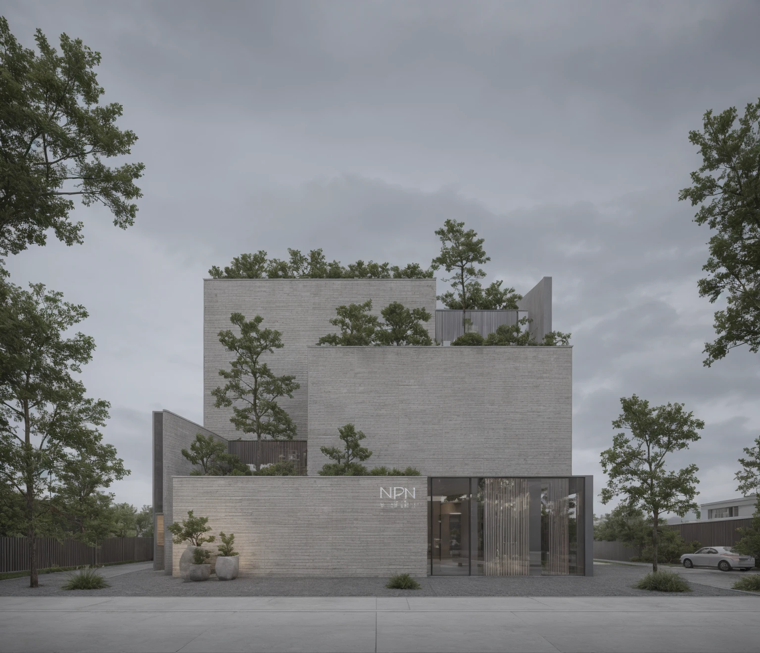 RAW photo, Exterior of two story white modern house, road, ((sidewalk)), ((sidewalk trees)), residences area, dawn time, overcast, fog, tropical trees and plants, (high detailed:1.2), 8k uhd, dslr, soft lighting, high quality, film grain, Fujifilm XT3, (sharpen:1.5)