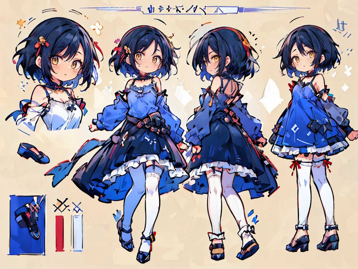 (((three-sided view, front view, side view, back view, multiple views, multiple poses and expressions, many parts)), concept art, character concept art, character sheet, Full body, illustration, (simple background, gray background), 1 character, 1girl, fantasy art:1.1), (hui xiyi:0.7), rekkyo sensen, rekkyou sensen, girls with((black hair, bangs, (one side up, long wavy hair, ribbon:1.55), (exposed breasts, tits cleavage, breasts close up:1.2), dress((suspenders, dress, belt, nun:1.15), (blue clothes, frills shirt, (white knit sweater:1.25), (camisole and camisole dress and frills dress and frills skirt, wind blowing dress:1.35), long sleeves, (white legwear:1.55), thighhighs, black footwear, strap shoes, pumps:1.42))