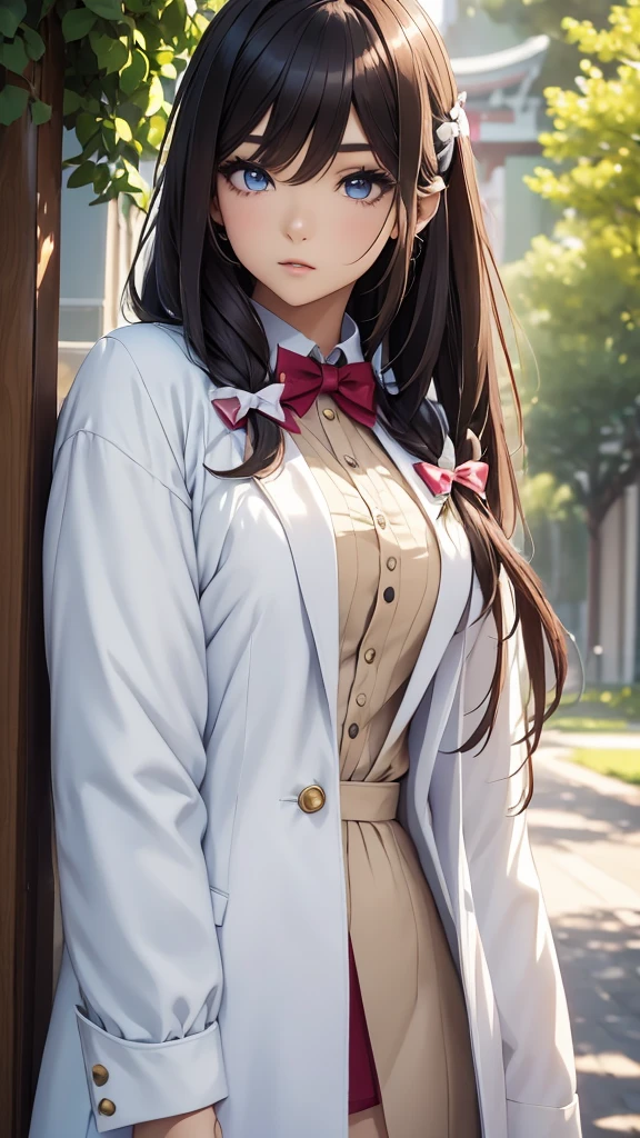 there is a woman with long hair wearing a white jacket and a bow tie, korean girl, realistic young anime girl, chinese girl, anime girl in real life, anime girl with long hair, white hime cut hairstyle, cute natural anime face, realistic anime 3 d style, beautiful anime girl, with cute - fine - face, beautiful anime portrait, beautiful south korean woman