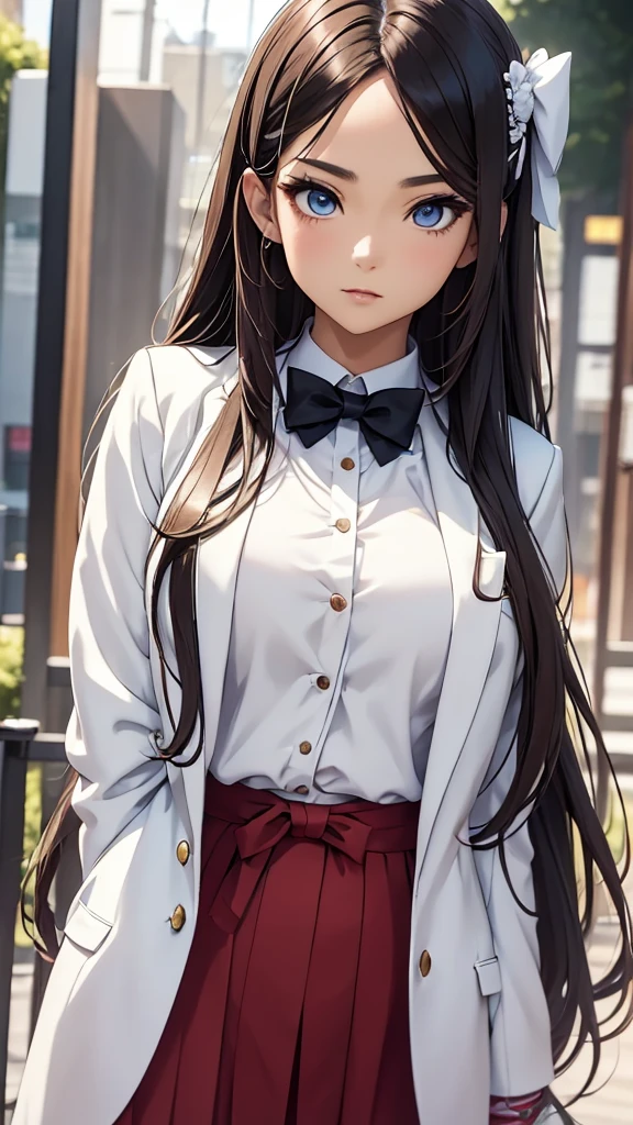 there is a woman with long hair wearing a white jacket and a bow tie, korean girl, realistic young anime girl, chinese girl, anime girl in real life, anime girl with long hair, white hime cut hairstyle, cute natural anime face, realistic anime 3 d style, beautiful anime girl, with cute - fine - face, beautiful anime portrait, beautiful south korean woman