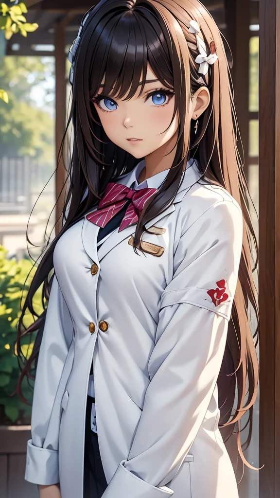 there is a woman with long hair wearing a white jacket and a bow tie, korean girl, realistic young anime girl, chinese girl, anime girl in real life, anime girl with long hair, white hime cut hairstyle, cute natural anime face, realistic anime 3 d style, beautiful anime girl, with cute - fine - face, beautiful anime portrait, beautiful south korean woman