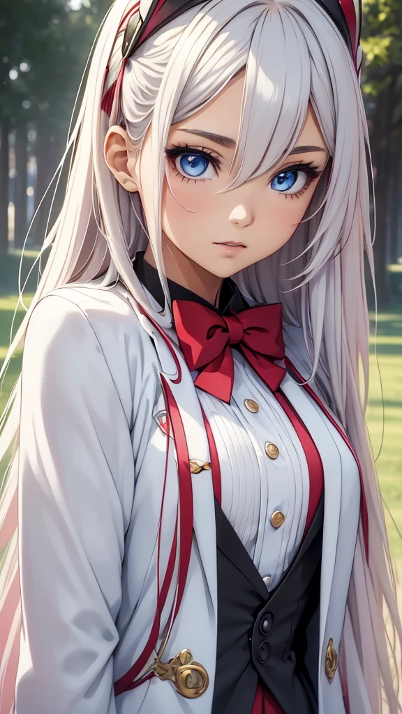 there is a woman with long hair wearing a white jacket and a bow tie, korean girl, realistic young anime girl, chinese girl, anime girl in real life, anime girl with long hair, white hime cut hairstyle, cute natural anime face, realistic anime 3 d style, beautiful anime girl, with cute - fine - face, beautiful anime portrait, beautiful south korean woman