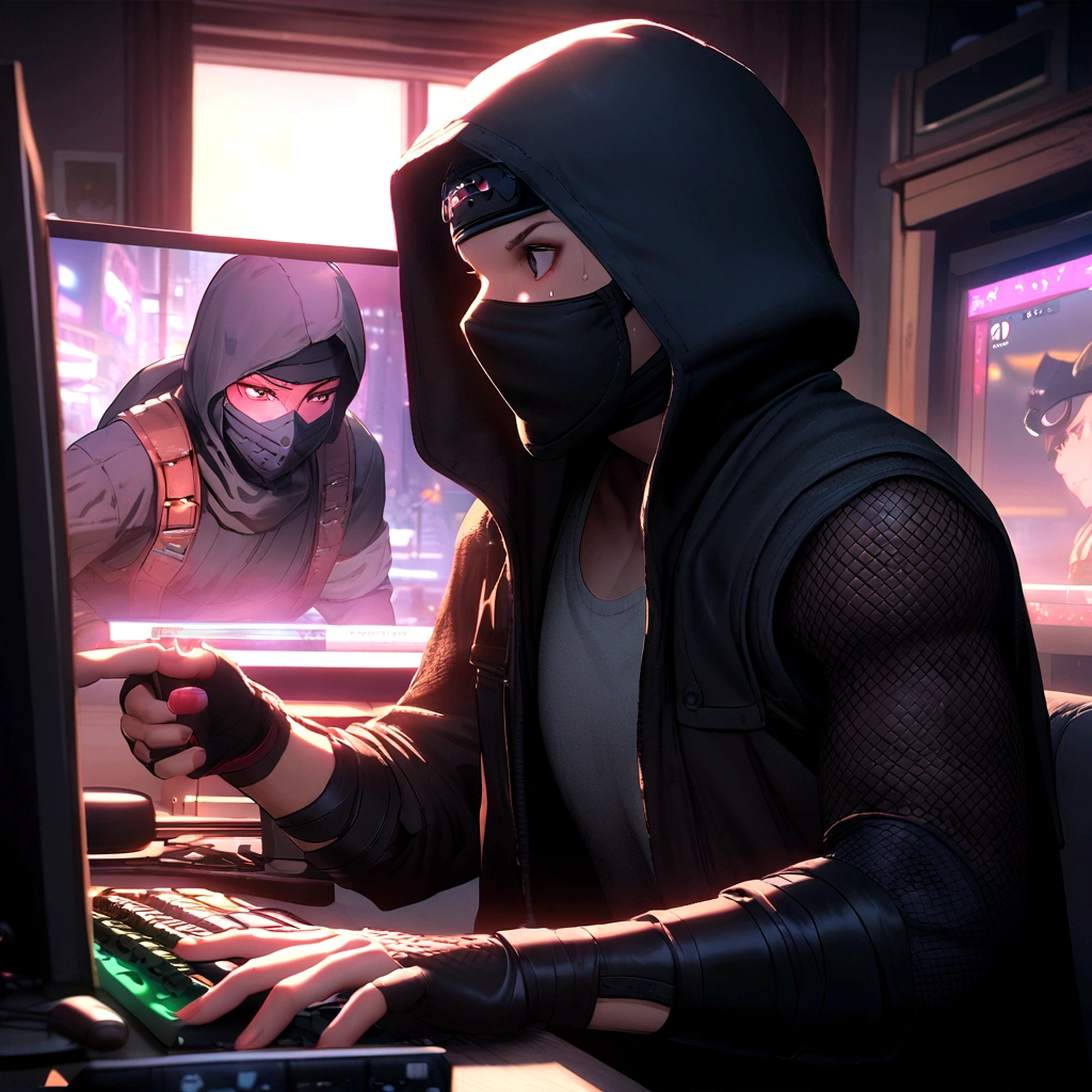 A urban ninja with a sweat hood and a mask of a oni who play on a pc at a video game