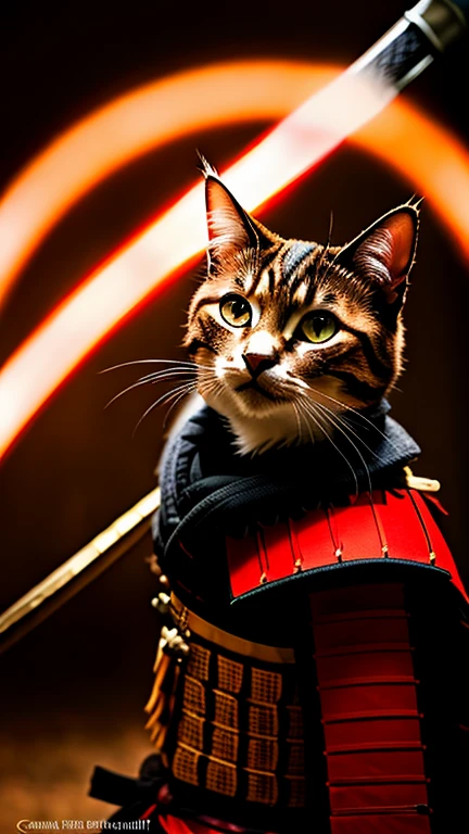 Cat, ((Samurai costume)), Spectacular Scene, Dynamic Camera, Backlight, (close:1.2), High quality photos, 3-point lighting, flash with softbox, 4K, Canon EOS R3, High resolution, Smooth, Sharp focus, High resolution, Award-winning photo, 80mm, F2.8, Bokeh