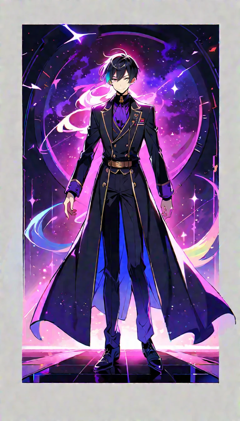 good looking, alone, 1 male, short hair, Smile Facial,1. Boy with black and purple hair, Moderate height, Slim body, Long coat, Black lining,good looking, short hair, Black Hair, Rainbow Hair, Purple eyes, 先端がスモーキーグレーのBlack Hair, smoking, Black light,smile、, Bright, sharp eyes illuminate the scene,uniform,Fewer accessories,whole body,Background white