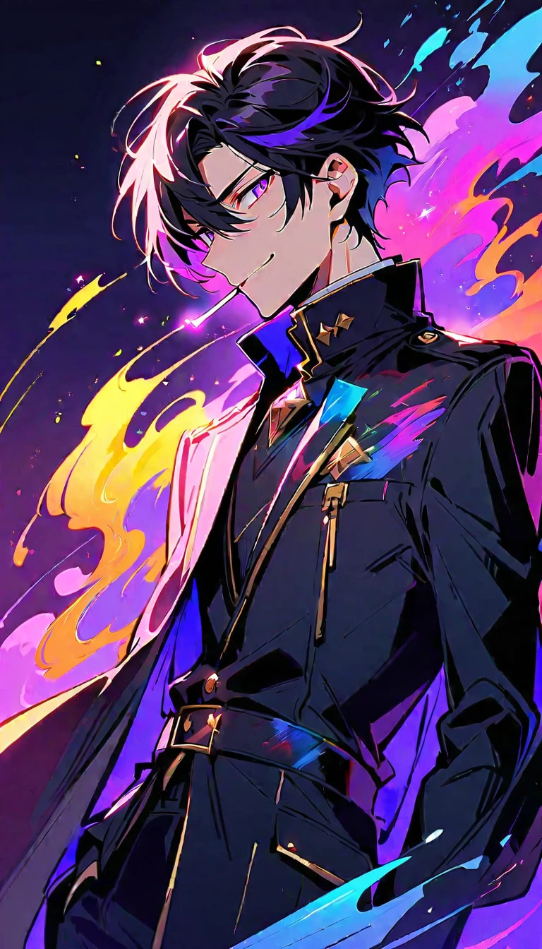 good looking, alone, 1 male, short hair, Smile Facial,1. Boy with black and purple hair, Moderate height, Slim body, Long coat, Black lining,good looking, short hair, Black Hair, Rainbow Hair, Purple eyes, 先端がスモーキーグレーのBlack Hair, smoking, Black light,smile、, Bright, sharp eyes illuminate the scene,uniform,Fewer accessories,whole body,Background white