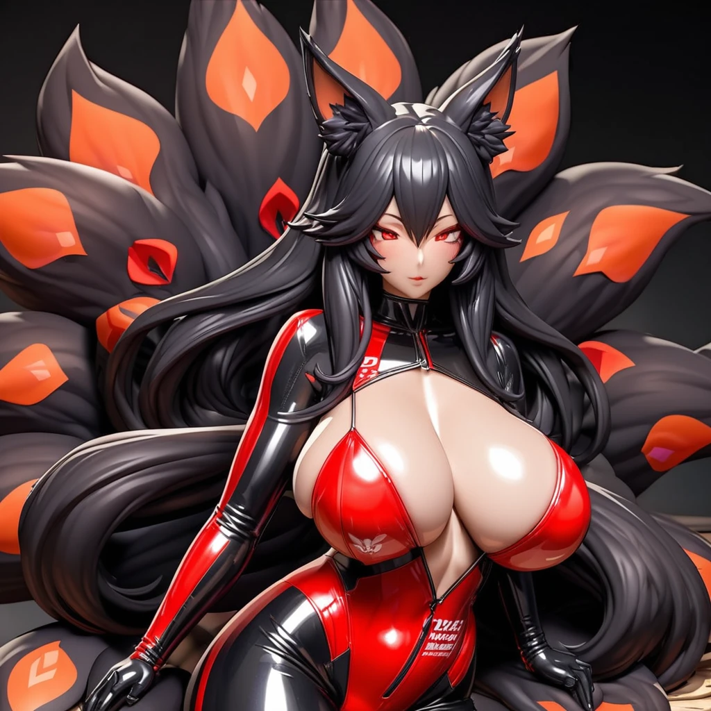 Beautiful black Kitsune, red eyes, highly detailed face, highly detailed eyes, big breasts, sexy figure, mature woman, several black kitsune tails, soft long Black Kitsune ears, Wearing Red and Black Race Suit, wide waist