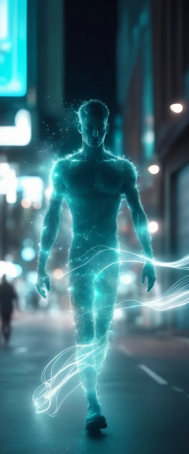 gradient siver and cyan light painting. Afterimage.city boy walking,side view,side face, Long exposure.Panning shot. halo bokeh. City street. Walking people. 3D rendering. Cinematic lighting,hyper detail