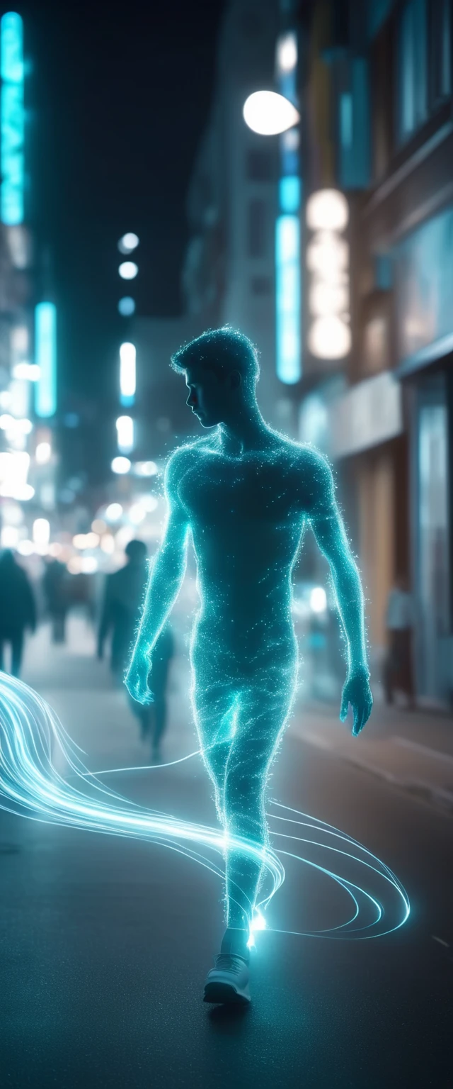 gradient siver and cyan light painting. Afterimage.city boy walking,side view,side face, Long exposure.Panning shot. halo bokeh. City street. Walking people. 3D rendering. Cinematic lighting,hyper detail