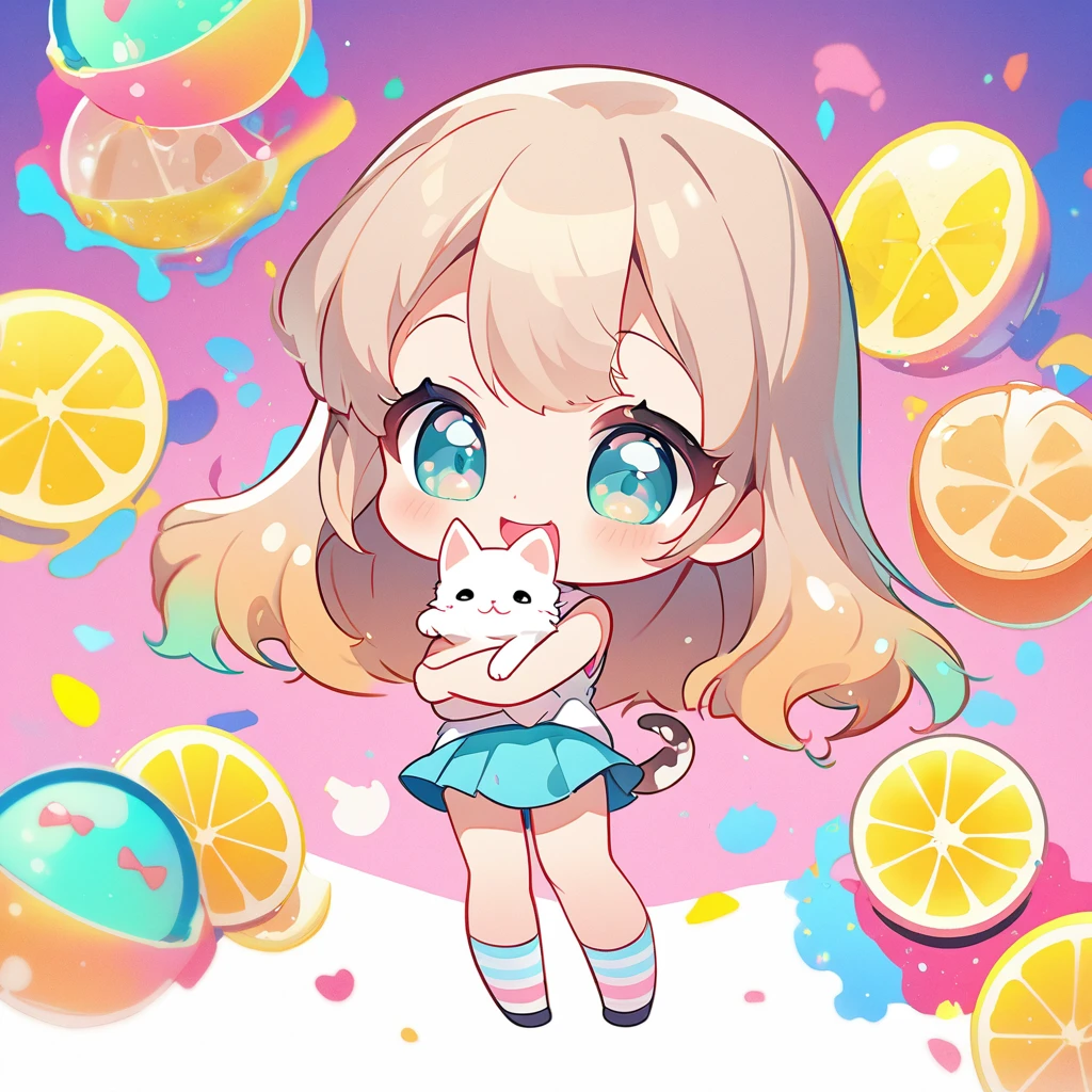 masterpiece、Highest quality、Depth of subject、((2D illustration))、1 beautiful girl、((colorful))、(((chibi style)))、、Long, beautiful hair、Light Brown Hair、ribbon、cute、Beautifully detailed eyes、Tank top、((mini skirt))、(((vivid color))、socks、a glass of lemon soda、((full body shot))、((Very happy face))、((Holding a kitten))、((There's a lot of pink around))、((Girl's Room))、((bed))、stuffed toy、((Lens flare))、White light is shining、Sunbeam、My whole body was filled with light、Cinematic lighting、Full body lighting