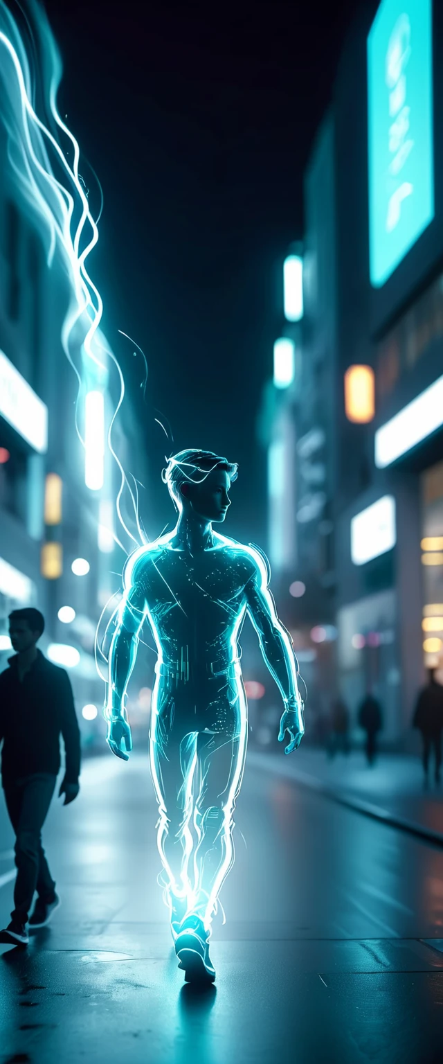 gradient siver and cyan light painting. Afterimage.city boy walking,side view,side face, Long exposure.Panning shot. halo bokeh. City street. Walking people. 3D rendering. Cinematic lighting,hyper detail