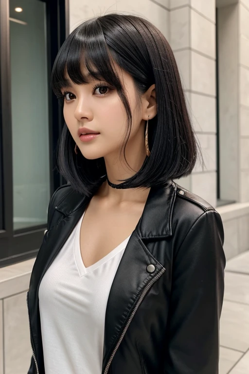 a close up of a woman in a black top and a black jacket, ela tem cabelo preto with bangs, hime black haircut, ulzzang,  korean, with short hair with bangs, with short hair, dilraba dilmurat, garota gótica korean cruel, white hime cut hairstyle, hair styled like bangs, with bangs, korean symmetrical face
