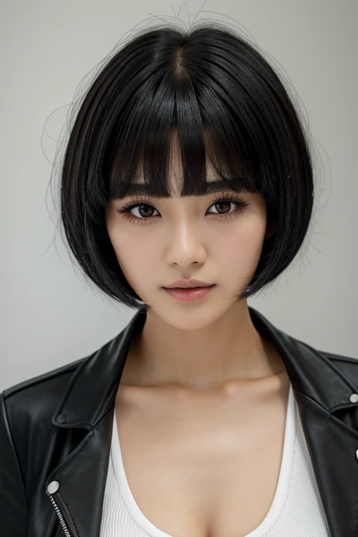 a close up of a woman in a black top and a black jacket, ela tem cabelo preto with bangs, hime black haircut, ulzzang, korean, with short hair with bangs, with short hair, dilraba dilmurat, garota gótica korean cruel, white hime cut hairstyle, hair styled like bangs, with bangs, korean symmetrical face