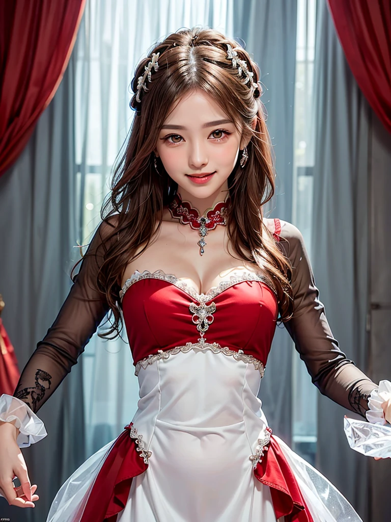 It has many layers of ruffles、Gothic Dress、Ultra-precise, ultra-detailed and ultra-high definition, (red frozen crystal-themed dress with intricate ice-inspired  details:1.2),(red dress adorned with abundant lace and  ribbons:1.3),(mesmerizing red dress inspired by ice crystals, creating a  magical aesthetic:1.2),(effortlessly chic hairstyle:1.4), Highest quality, masterpiece, Ultra-high resolution, (Realistic:1.4), RAW Photos, One Girl, In the Dark, Spotlight light, Deep Shadow, Moderate, whole body, 20-year-old, Cute face, Open your mouth、Look at this and laugh、smile、Cute pose