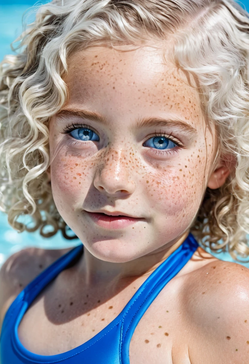 An  girl, bee, white hair, short and curly, blue eyes and freckles, Swimsuit