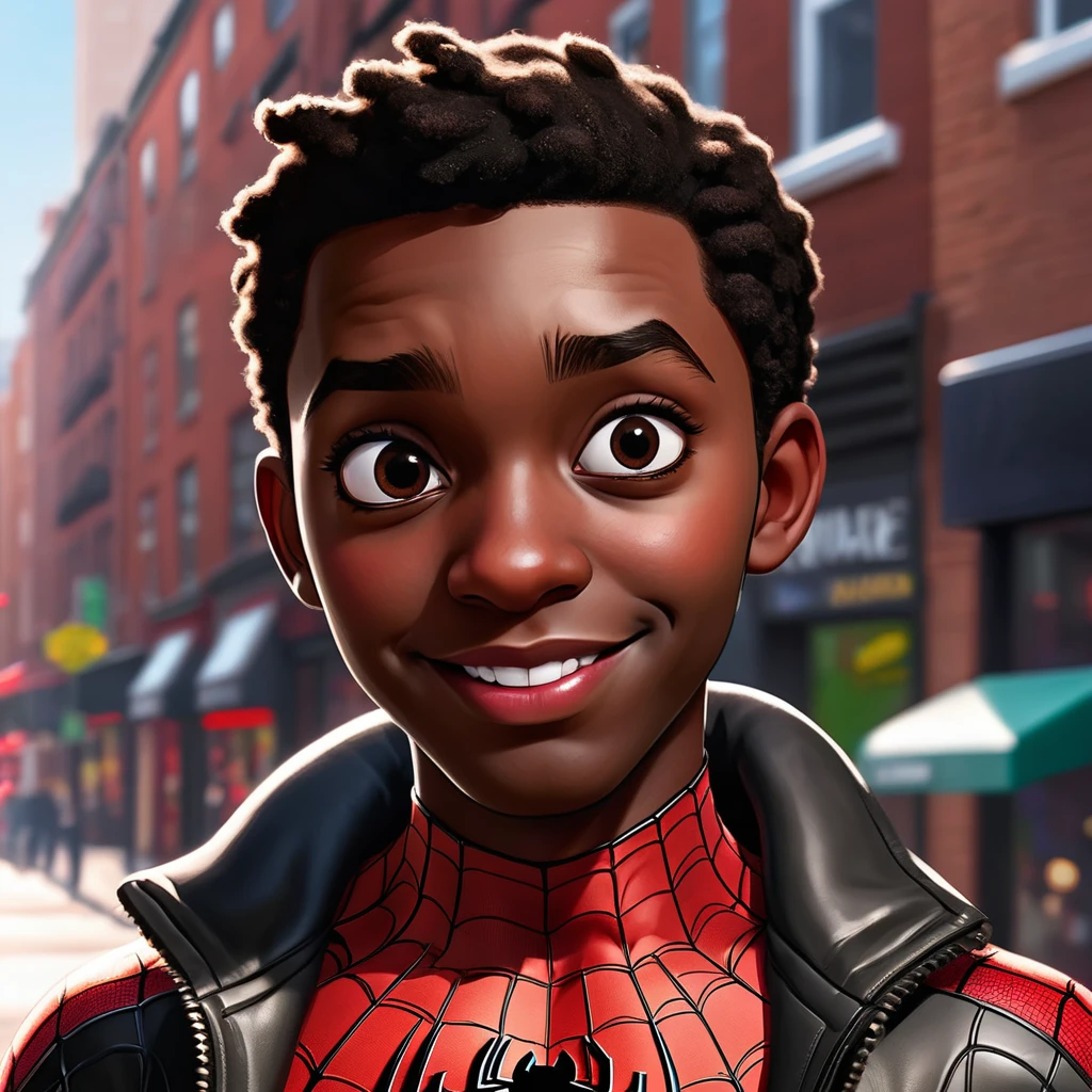 Une caricature réaliste en 3D de style dessin animé spiderman : miles morales, représentant un homme au visage rond, une mâchoire carrée, épais sourcils noirs, yeux verts, un nez petit et légèrement pointu, et des lèvres fines avec une bouche légèrement ouverte. Il porte une veste en cuir marron, un col roulé noir. L'homme est debout, les mains derrière le dos, avec une expression neutre et un léger sourire. l'arrière-plan est en ville sous la neige, arrière plan assez flou, indiquant un réglage de nuit avec des lumières bokeh. faire un corps plein