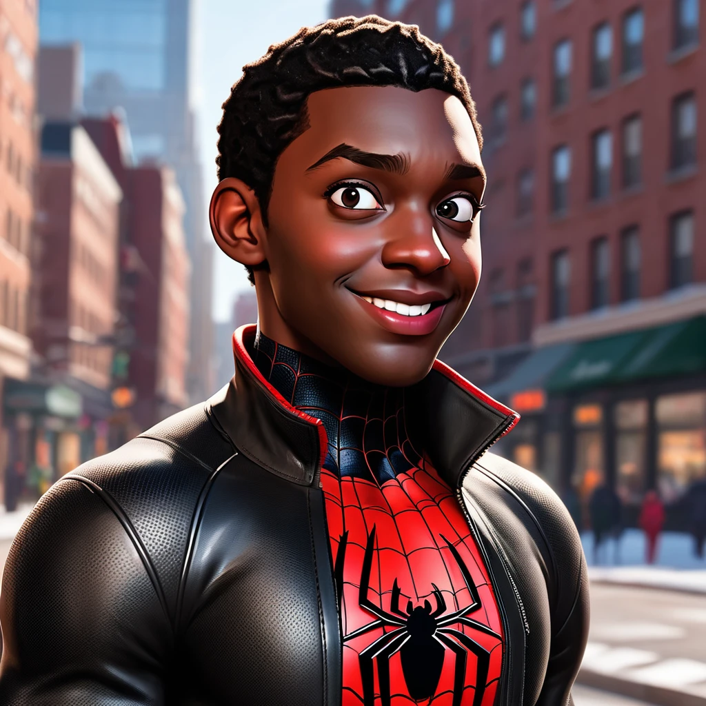 Une caricature réaliste en 3D de style dessin animé spiderman : miles morales, représentant un homme au visage rond, une mâchoire carrée, épais sourcils noirs, yeux verts, un nez petit et légèrement pointu, et des lèvres fines avec une bouche légèrement ouverte. Il porte une veste en cuir marron, un col roulé noir. L'homme est debout, les mains derrière le dos, avec une expression neutre et un léger sourire. l'arrière-plan est en ville sous la neige, arrière plan assez flou, indiquant un réglage de nuit avec des lumières bokeh. faire un corps plein