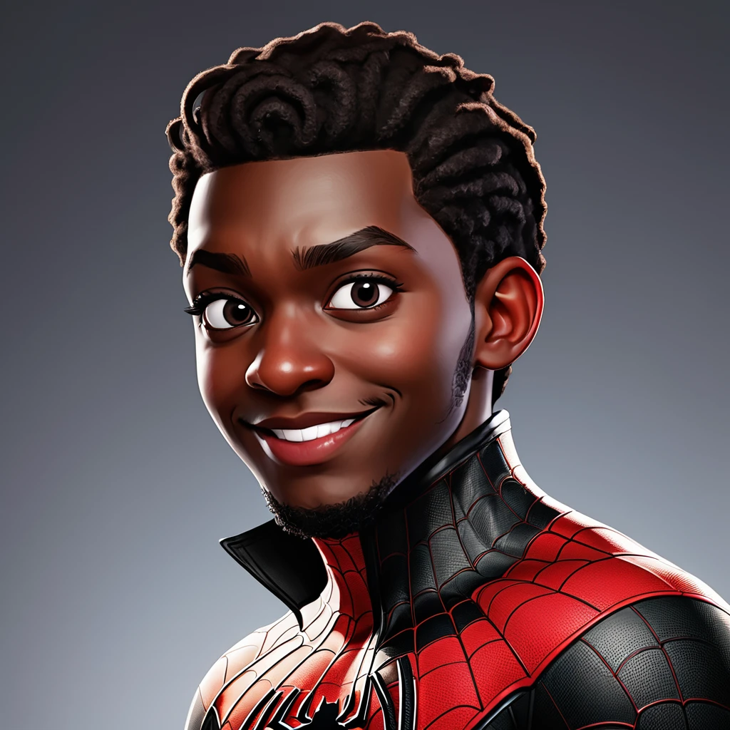Une caricature réaliste en 3D de style dessin animé spiderman : miles morales, représentant un homme au visage rond, une mâchoire carrée, épais sourcils noirs, yeux verts, un nez petit et légèrement pointu, et des lèvres fines avec une bouche légèrement ouverte. Il porte une veste en cuir marron, un col roulé noir. L'homme est debout, les mains derrière le dos, avec une expression neutre et un léger sourire. l&#39;arrière-plan est en ville sous la neige, arrière plan assez flou, indiquant un réglage de nuit avec des lumières bokeh. faire un corps plein