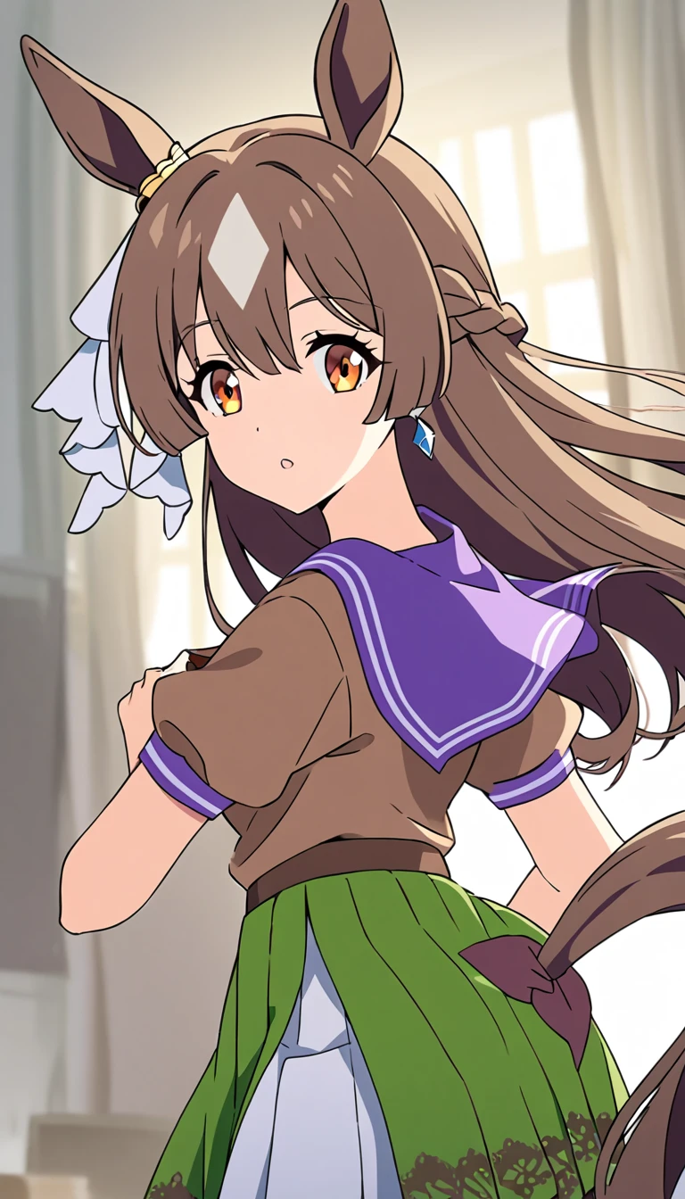 Satono Diamond, long hair, half-up, braid, hair between the eyes, animal ears, earrings, horse tail, trace , sailor collar, purple bow tie, purple shirt, sailor shirt, short sleeves, pleats skirt, white skirt, white stockings
dd Sato, long hair, half-up, braid, hair between the eyes, animal ears, earrings, horse tail, center ruffle, brown sailor collar, yellow ribbon, brown shirt, long sleeves, green skirt