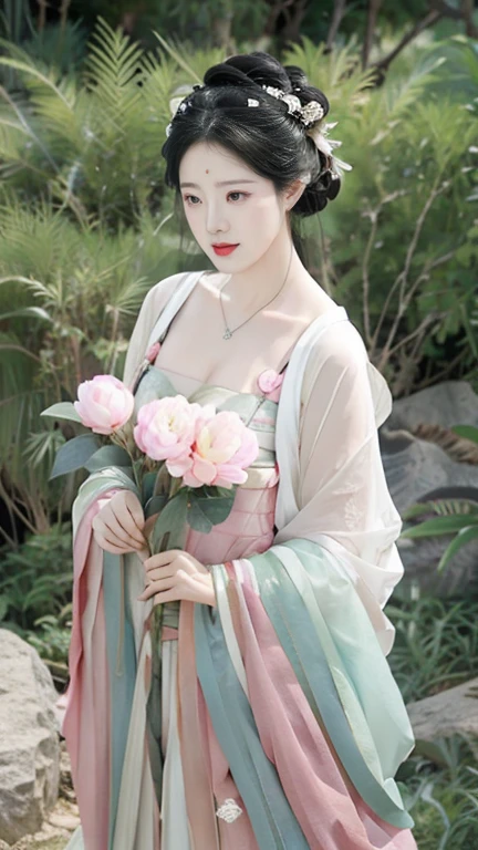 highly detailed, 8K, masterpiece, full-body shot，Facing the camera，1 girl, Black hair, nude, Smile, (perfect_Face), boundary, close up, crazy,, Gorgeous, complicated, Dramatic Lighting, 4K, detailed, Caustic lines, Half Body,  Huge breasts 1.5，Deep cleavage，Transparent woven Hanfu，Exquisite ancient hair accessories、Necklace and Earrings，Standing under the peach tree in full bloom，Flowers all around。