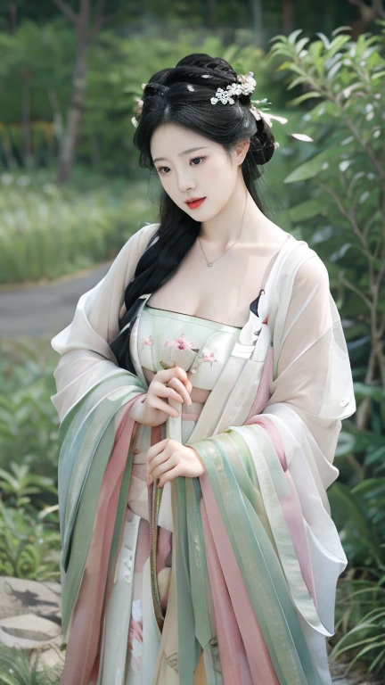 highly detailed, 8K, masterpiece, full-body shot，Facing the camera，1 girl, Black hair, nude, Smile, (perfect_Face), boundary, close up, crazy,, Gorgeous, complicated, Dramatic Lighting, 4K, detailed, Caustic lines, Half Body,  Huge breasts 1.5，Deep cleavage，Transparent woven Hanfu，Exquisite ancient hair accessories、Necklace and Earrings，Standing under the peach tree in full bloom，Flowers all around。